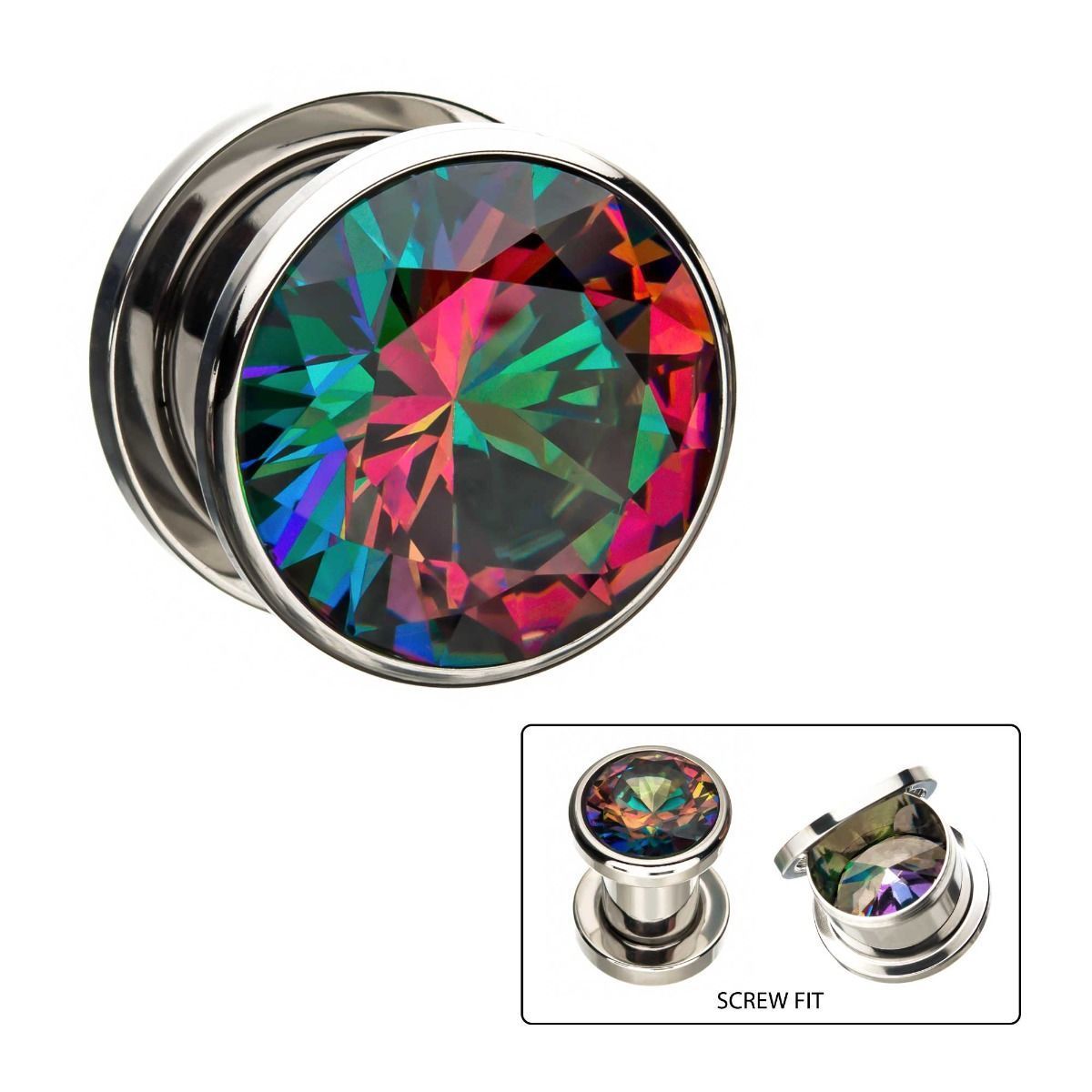 Red and Green Iridescent CZ Double Flared Ear Gauge Plugs - 1 Pair