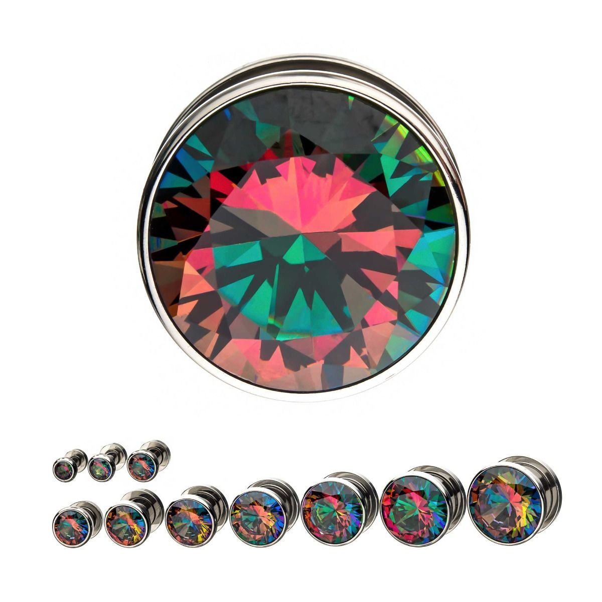 Red and Green Iridescent CZ Double Flared Ear Gauge Plugs - 1 Pair