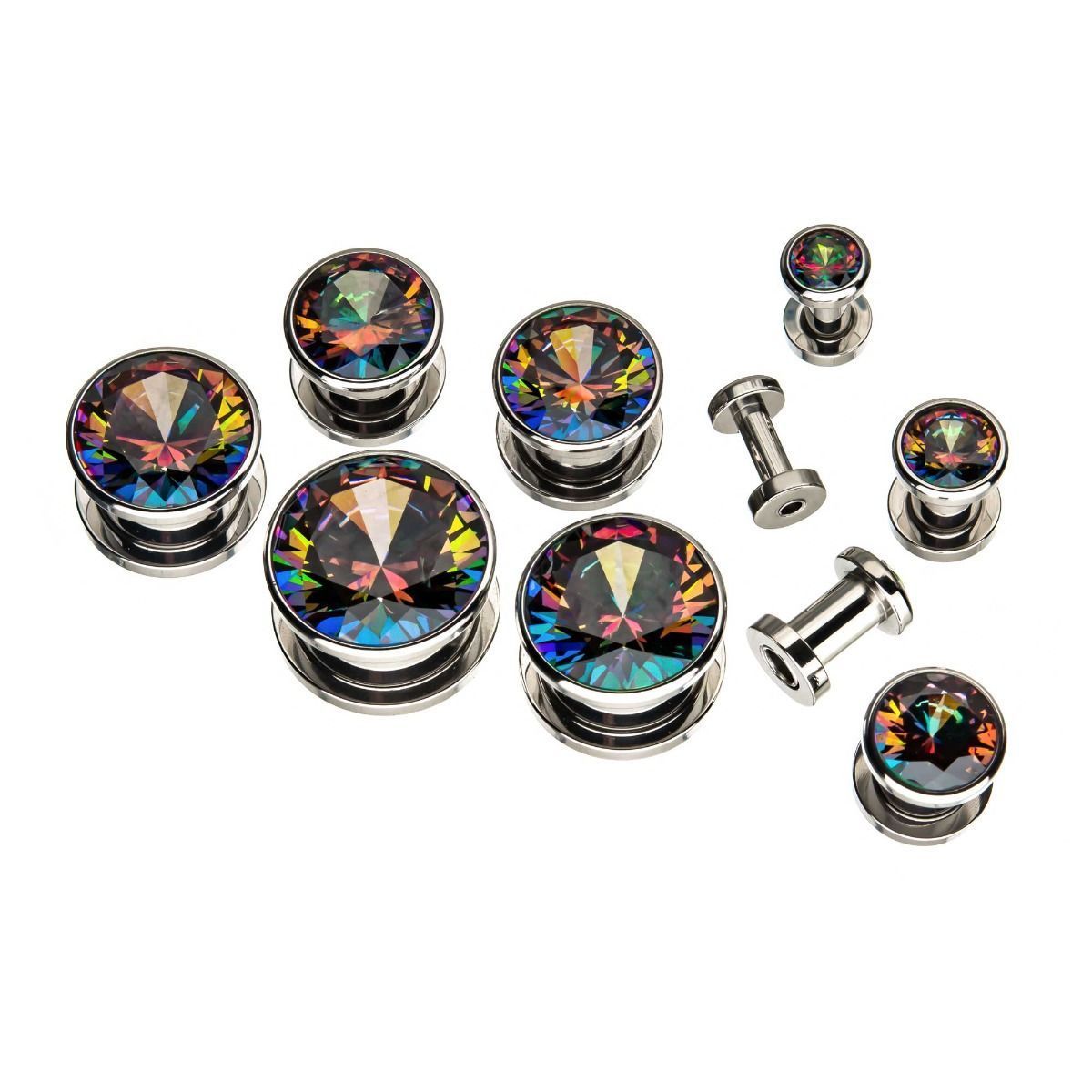 Red and Green Iridescent CZ Double Flared Ear Gauge Plugs - 1 Pair