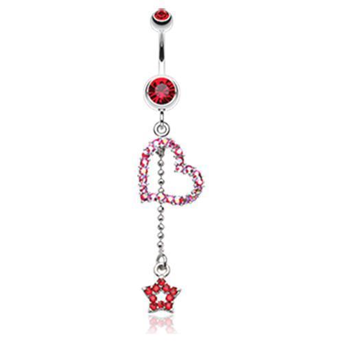 Red/Aurora Borealis Curved Heart Star Sparkle Belly Button Ring