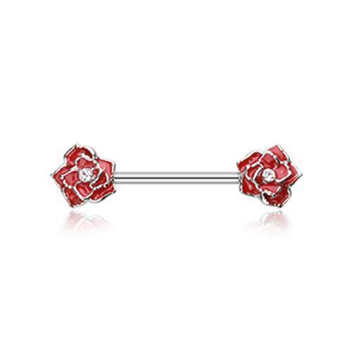 Red/Clear Classic Rose Sparkle Nipple Barbell Ring - 1 Piece