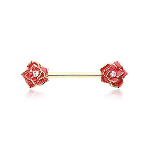 Red/Clear Golden Rose Sparkle Nipple Barbell Ring - 1 Piece