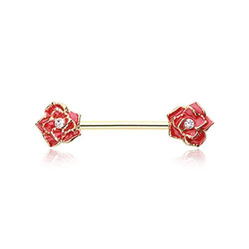 Red/Clear Golden Rose Sparkle Nipple Barbell - 1 Piece