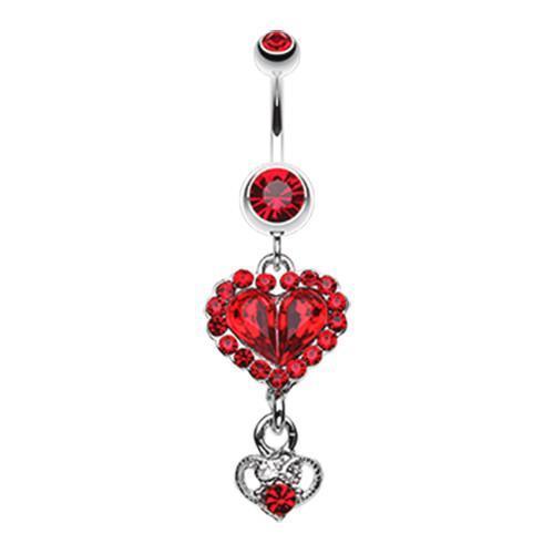 Red Crystal Heart in Heart Belly Button Ring