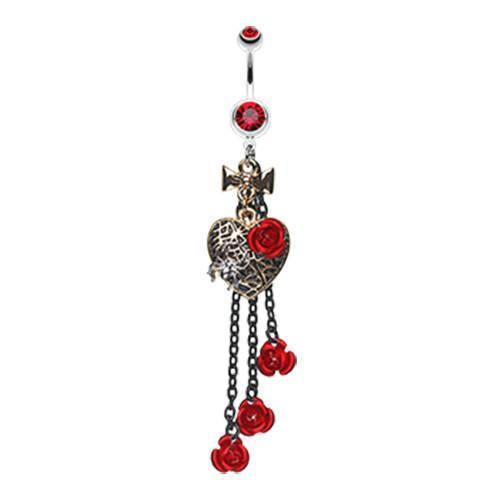 Red Gothic Chic Golden Heart Metal Rose Belly Button Ring