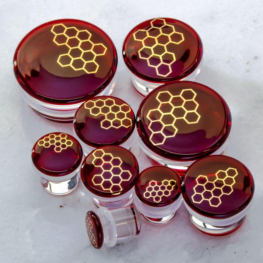 Plugs Earrings - Double Flare Red Honeycomb Glass Plugs - 1 Pair -Rebel Bod-RebelBod