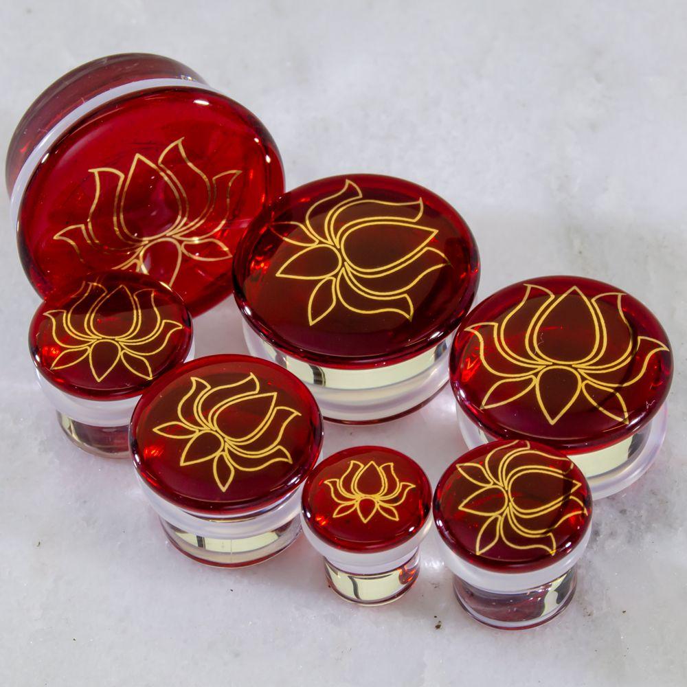 Plugs Earrings - Double Flare Red Lotus Glass Plugs - 1 Pair -Rebel Bod-RebelBod