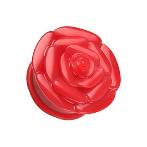 Red Rose Blossom Flower Single Flared Ear Gauge Plug - 1 Pair