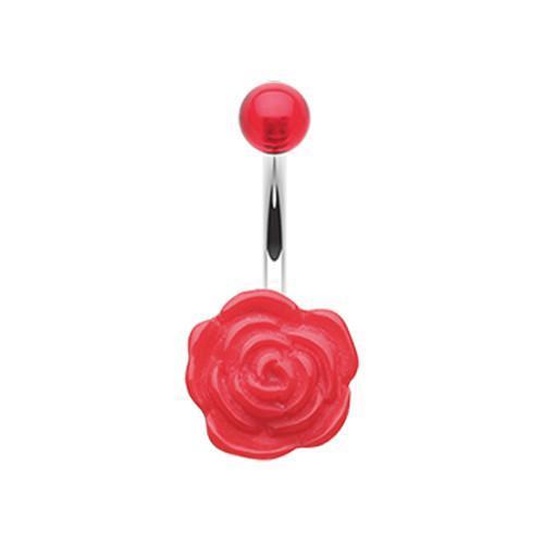 Red Simple Rose Bloom Belly Button Ring