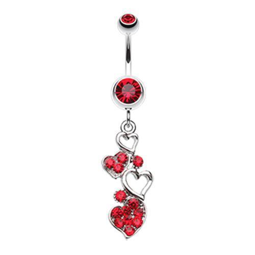 Red Sparkling Heart Cluster Belly Button Ring