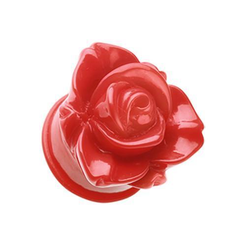 Red Wild Rose Flower Blossom Single Flared Ear Gauge Plug - 1 Pair