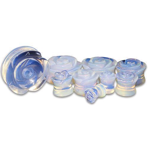 Plugs Earrings - Double Flare Rose Carved Opalite Stone Double Flare Plugs - 1 Pair -Rebel Bod-RebelBod