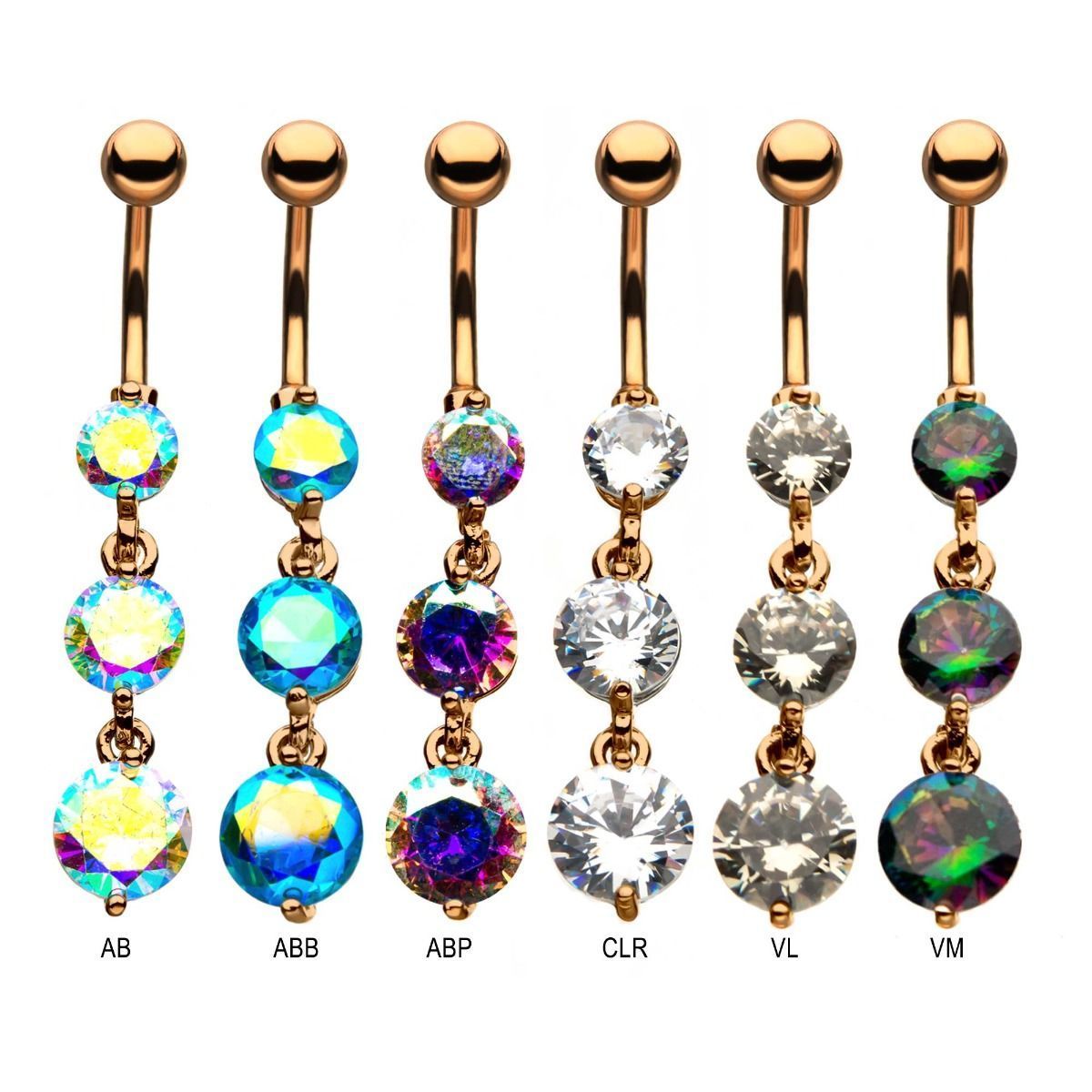 Rose Gold Dangle Belly Ring 3 Round CZ Gem Dangle Charms