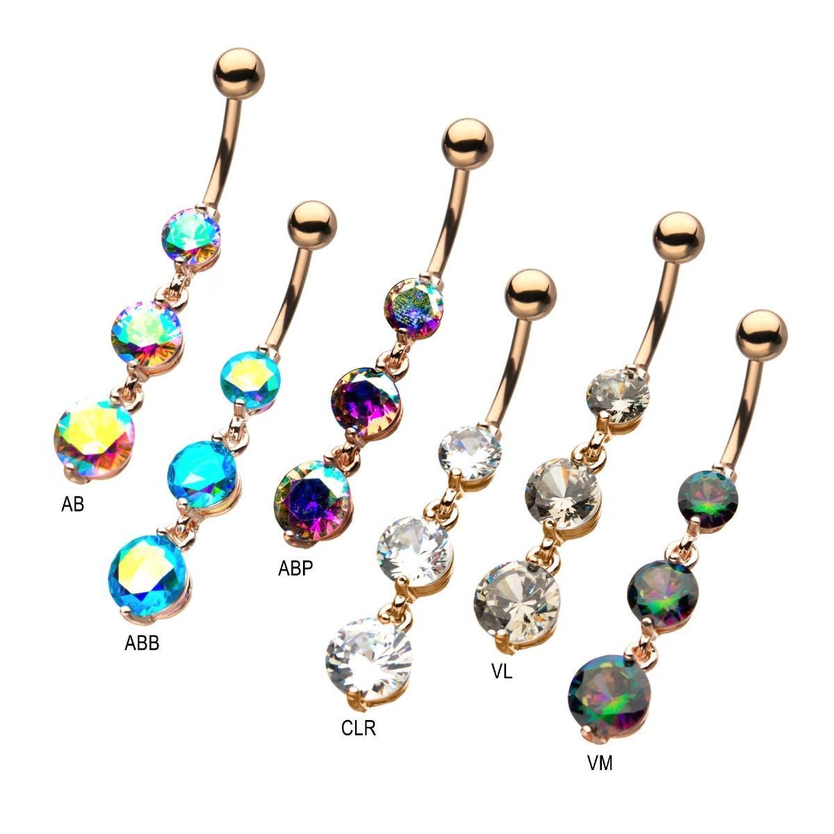 Rose Gold Dangle Belly Ring 3 Round CZ Gem Dangle Charms
