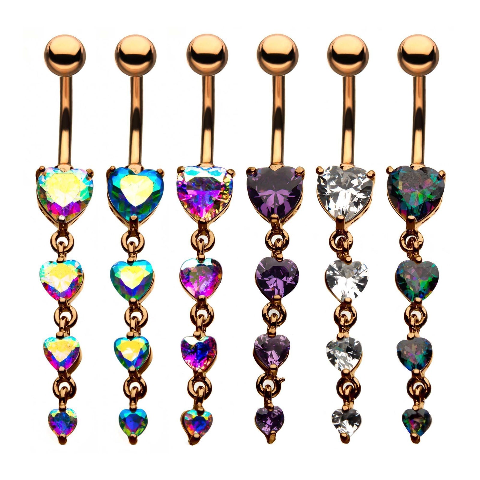 Rose Gold Dangle Belly Ring 4 Heart CZ Gem Dangle Charms