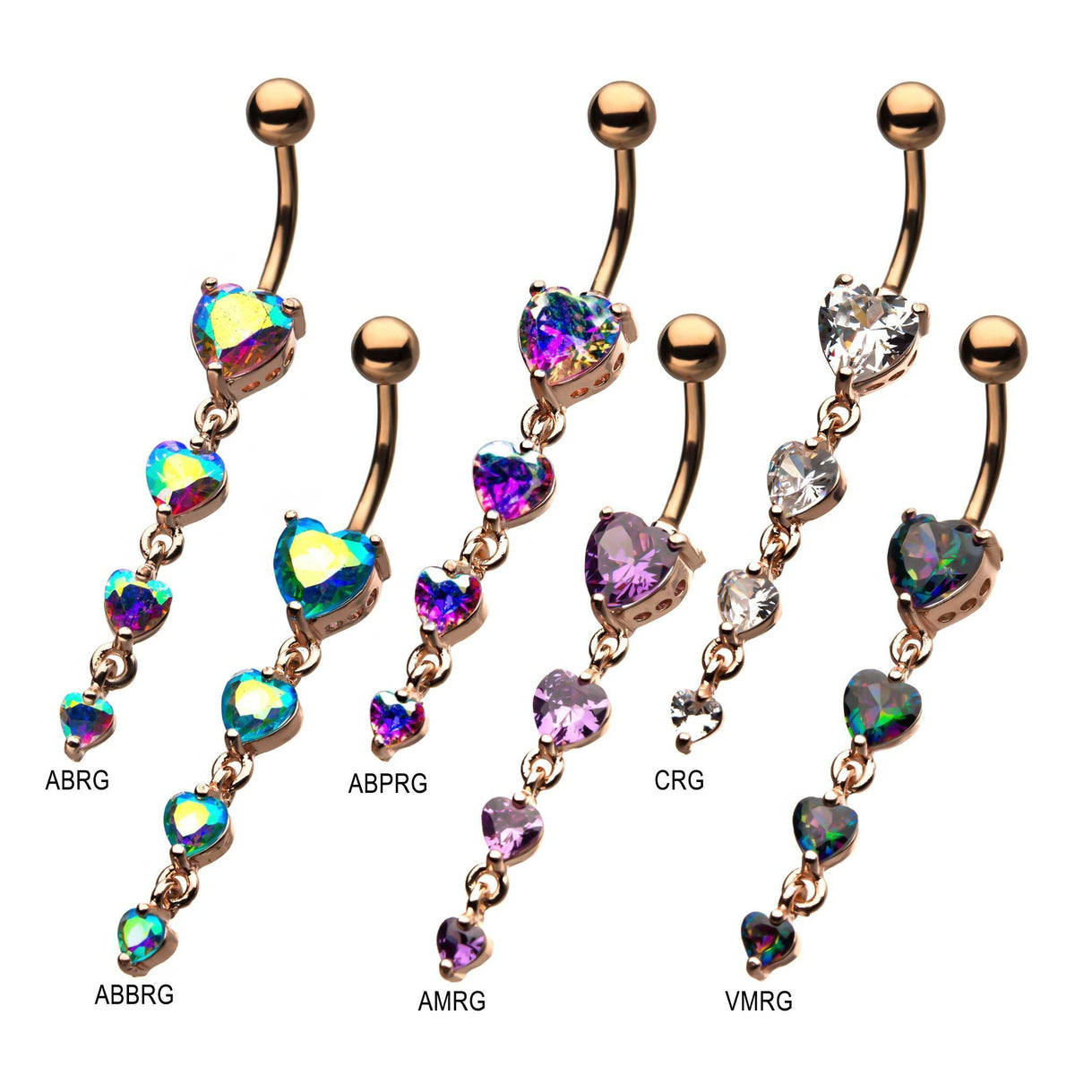 Rose Gold Dangle Belly Ring 4 Heart CZ Gem Dangle Charms