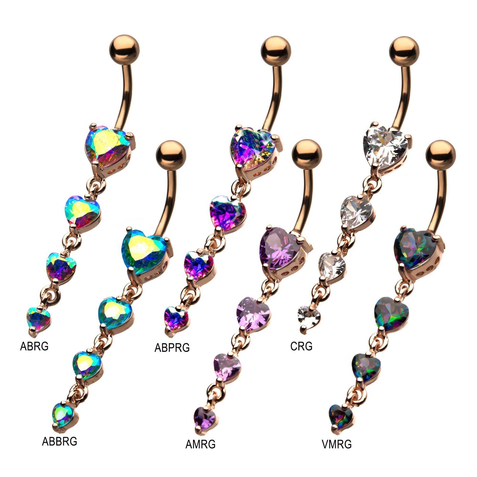 Rose Gold Dangle Belly Ring 4 Heart CZ Gem Dangle Charms