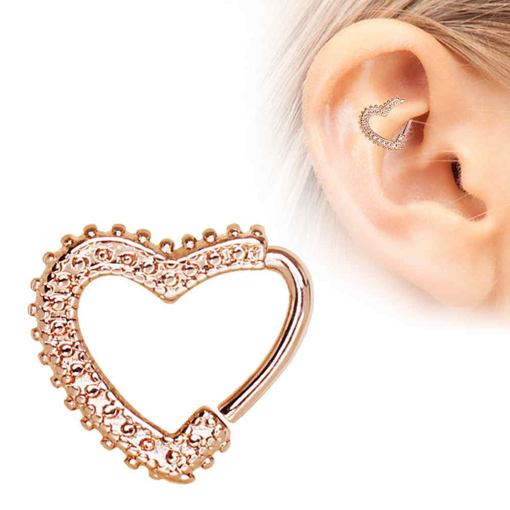 Rose Gold Plated Annealed Ornamental Heart Cartilage Earring Bendable Ring - 1 Piece
