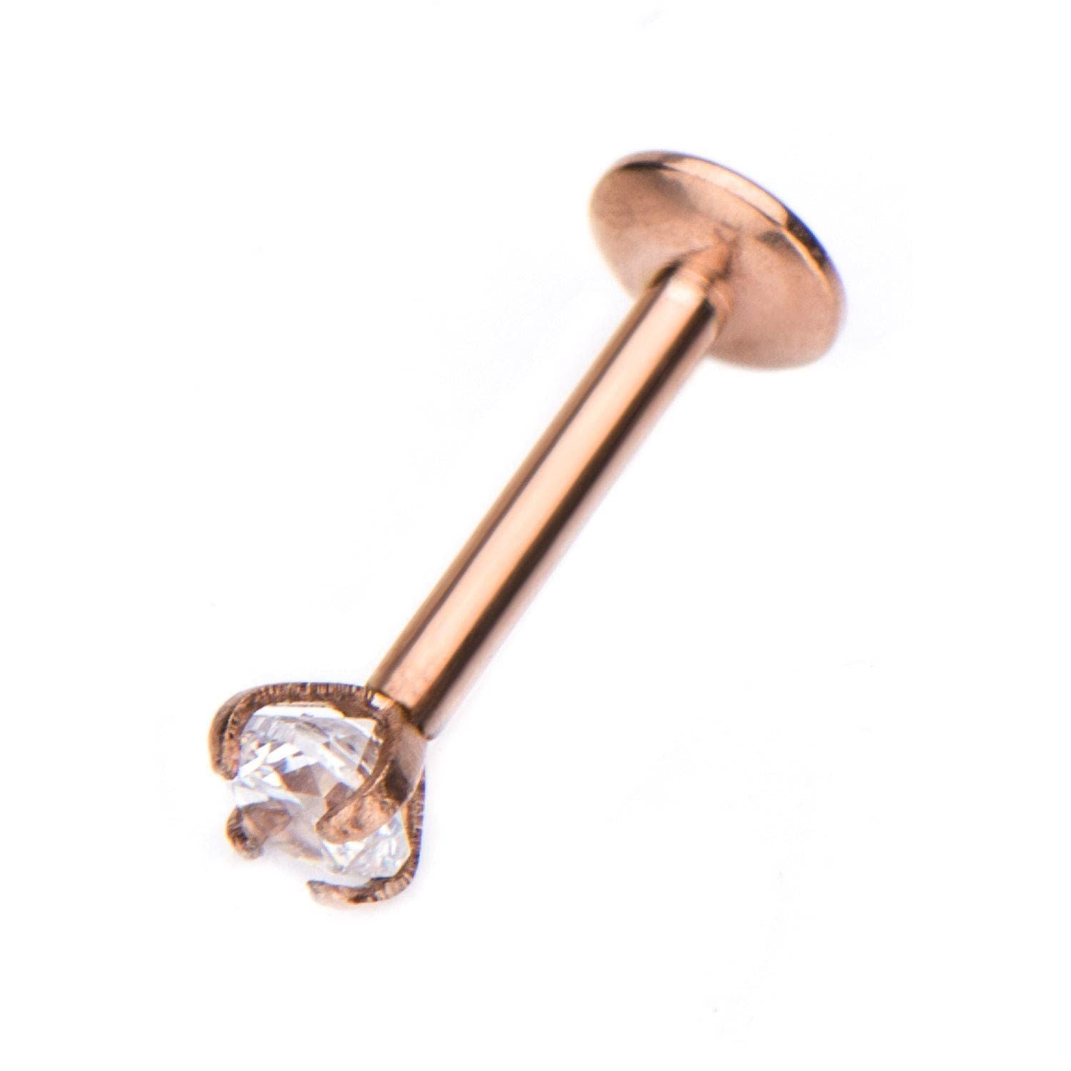 Rose Gold Plated Labret Prong Set Clear CZ Gem Top