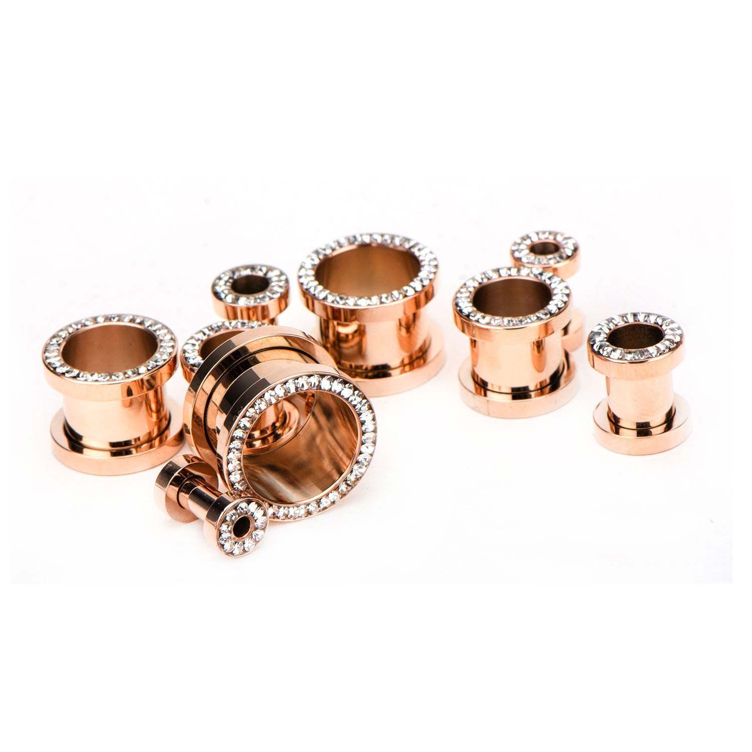 Tunnels - Double Flare Rose Gold Plated Multigem Clear CZ Tunnel Plugs - 1 Pair  sbvprg2834c -Rebel Bod-RebelBod