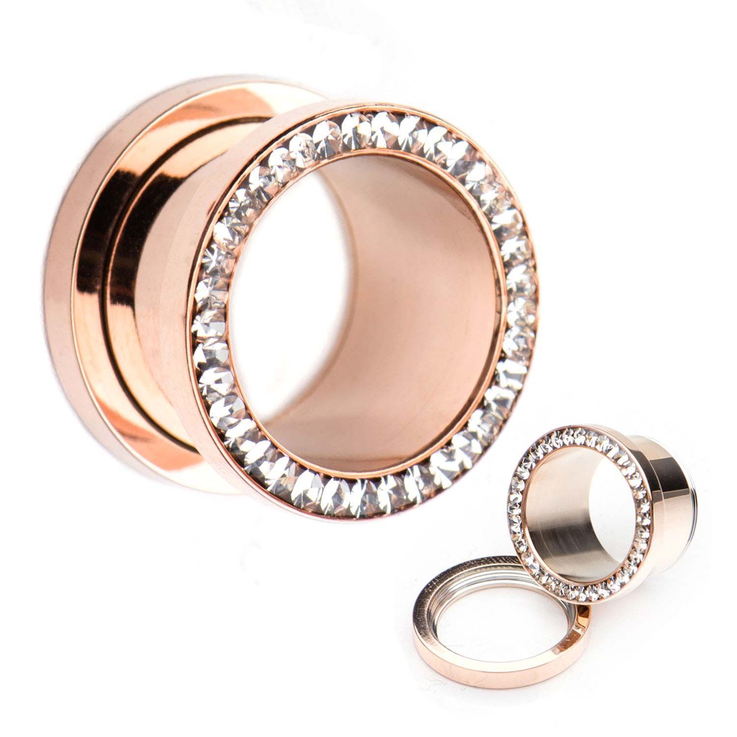 Tunnels - Double Flare Rose Gold Plated Multigem Clear CZ Tunnel Plugs - 1 Pair  sbvprg2834c -Rebel Bod-RebelBod
