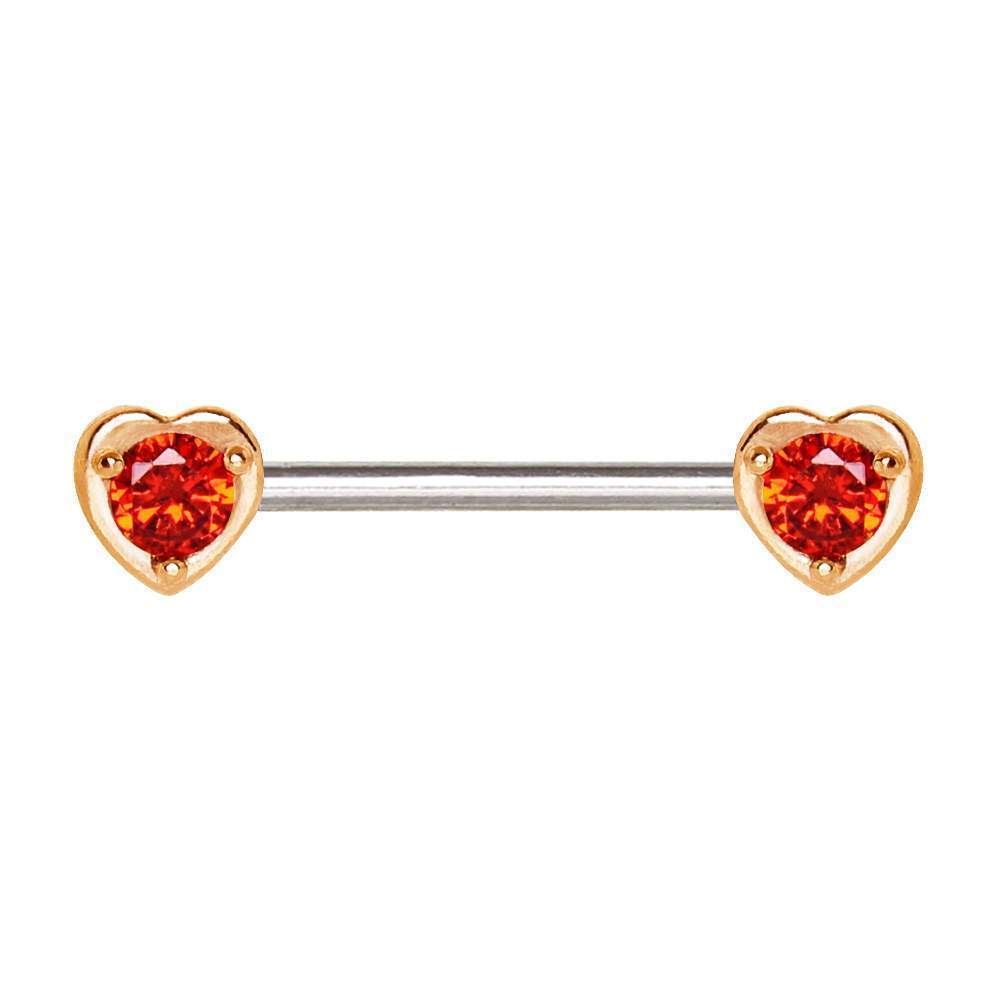 Rose Gold Red CZ Heart Nipple Barbell - 1 Piece