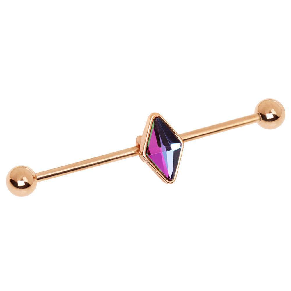 Rose Gold Plated Rhombus Shape CZ Industrial Barbell - 1 Piece