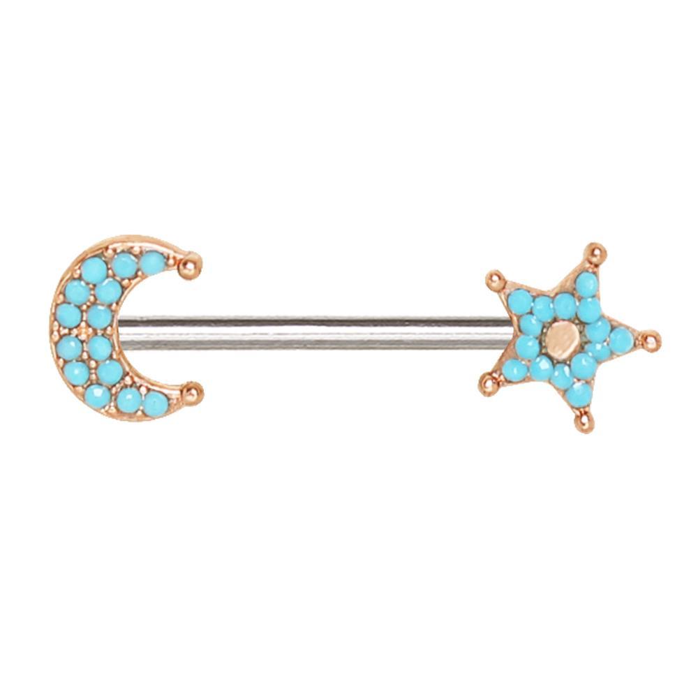 Rose Gold Turquoise Bead Moon Star Nipple Barbell - 1 Piece