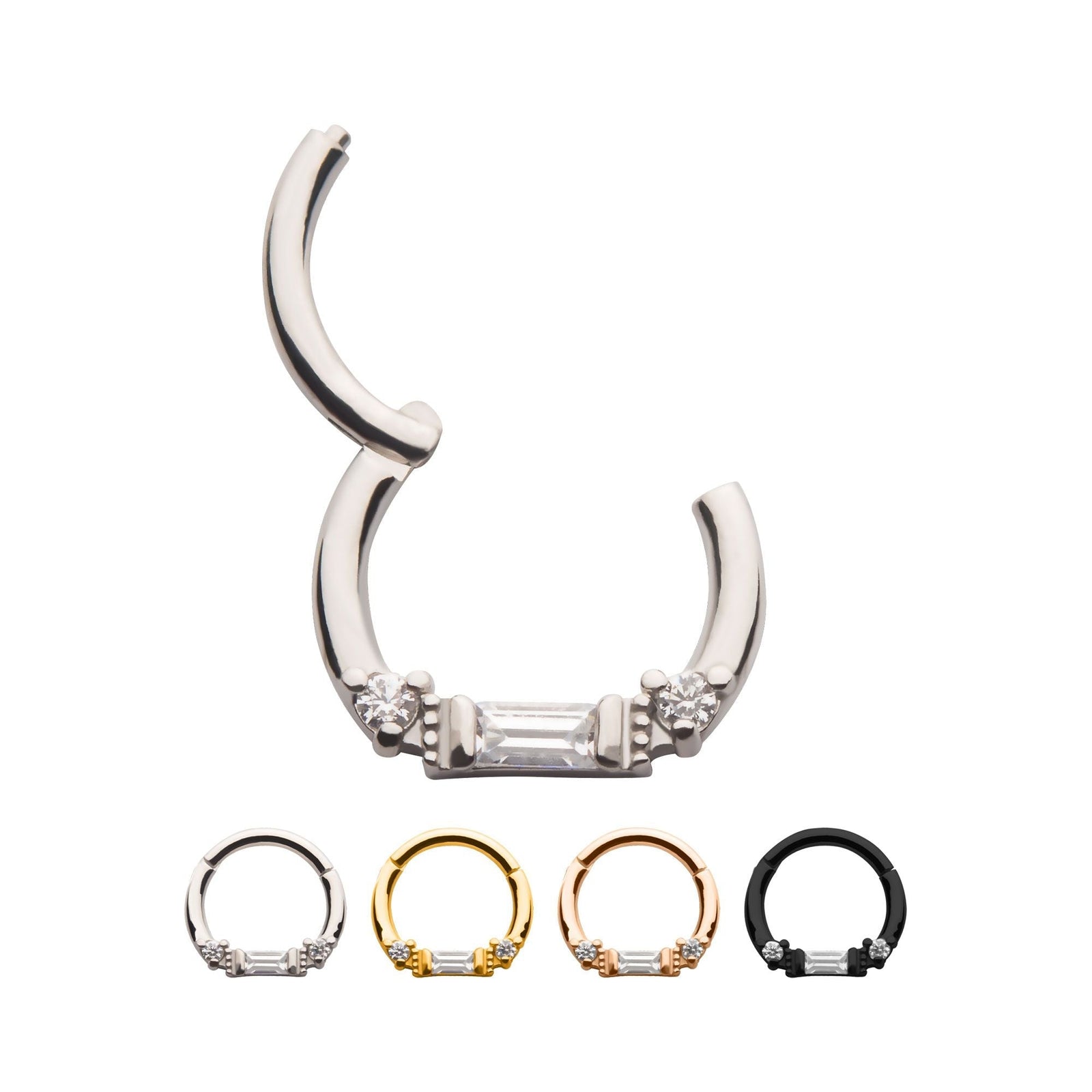 Clicker - Cartilage | Septum Round Baguette Clear CZ Beaded Edge Front Facing Hinged Segment Clicker - 1 Piece -Rebel Bod-RebelBod
