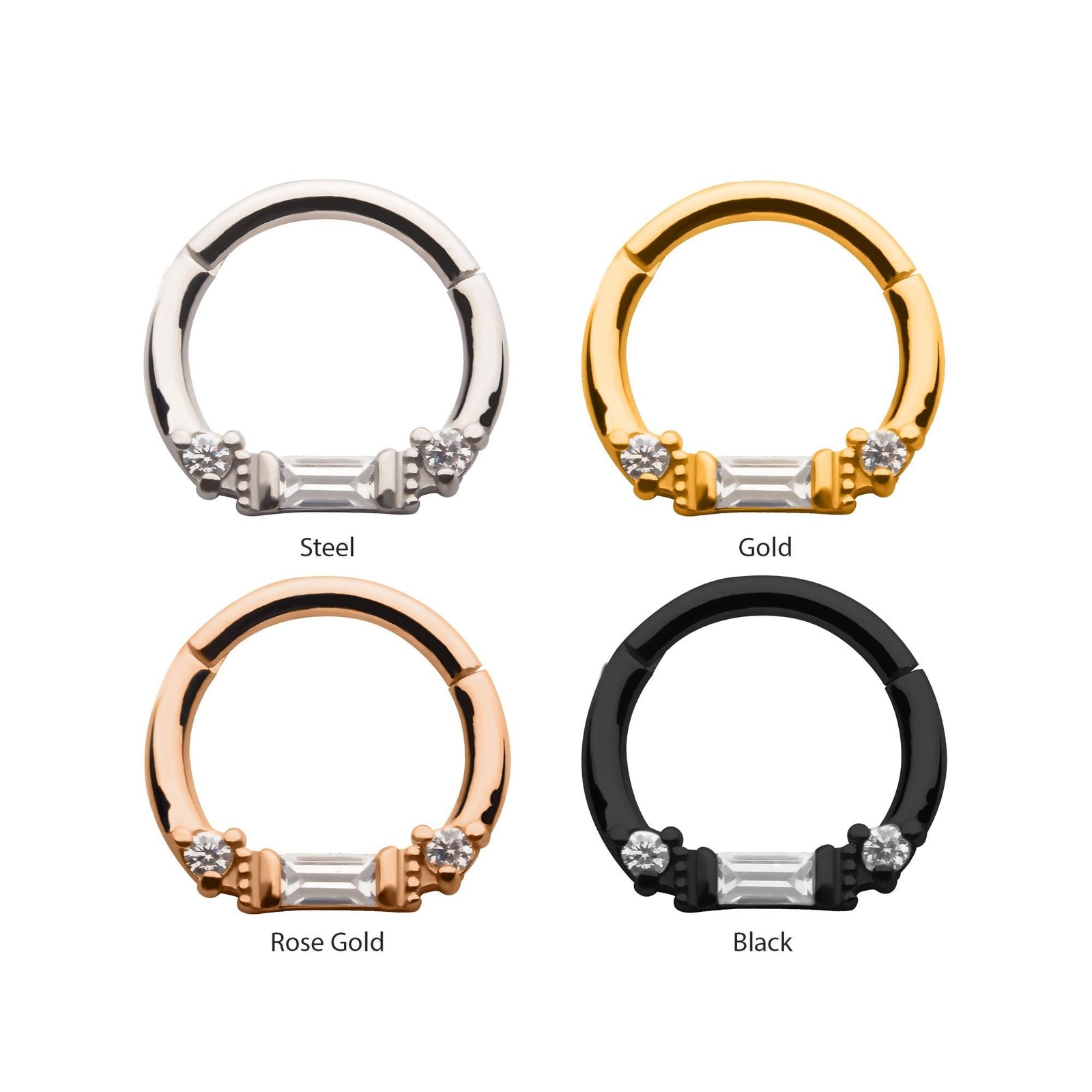 Clicker - Cartilage | Septum Round Baguette Clear CZ Beaded Edge Front Facing Hinged Segment Clicker - 1 Piece -Rebel Bod-RebelBod