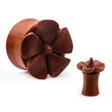 Saba Wood Double Flared Ear Gauge Plugs Carved Hibiscus Flower Front - 1 Pair