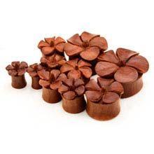 Saba Wood Double Flared Ear Gauge Plugs Carved Hibiscus Flower Front - 1 Pair