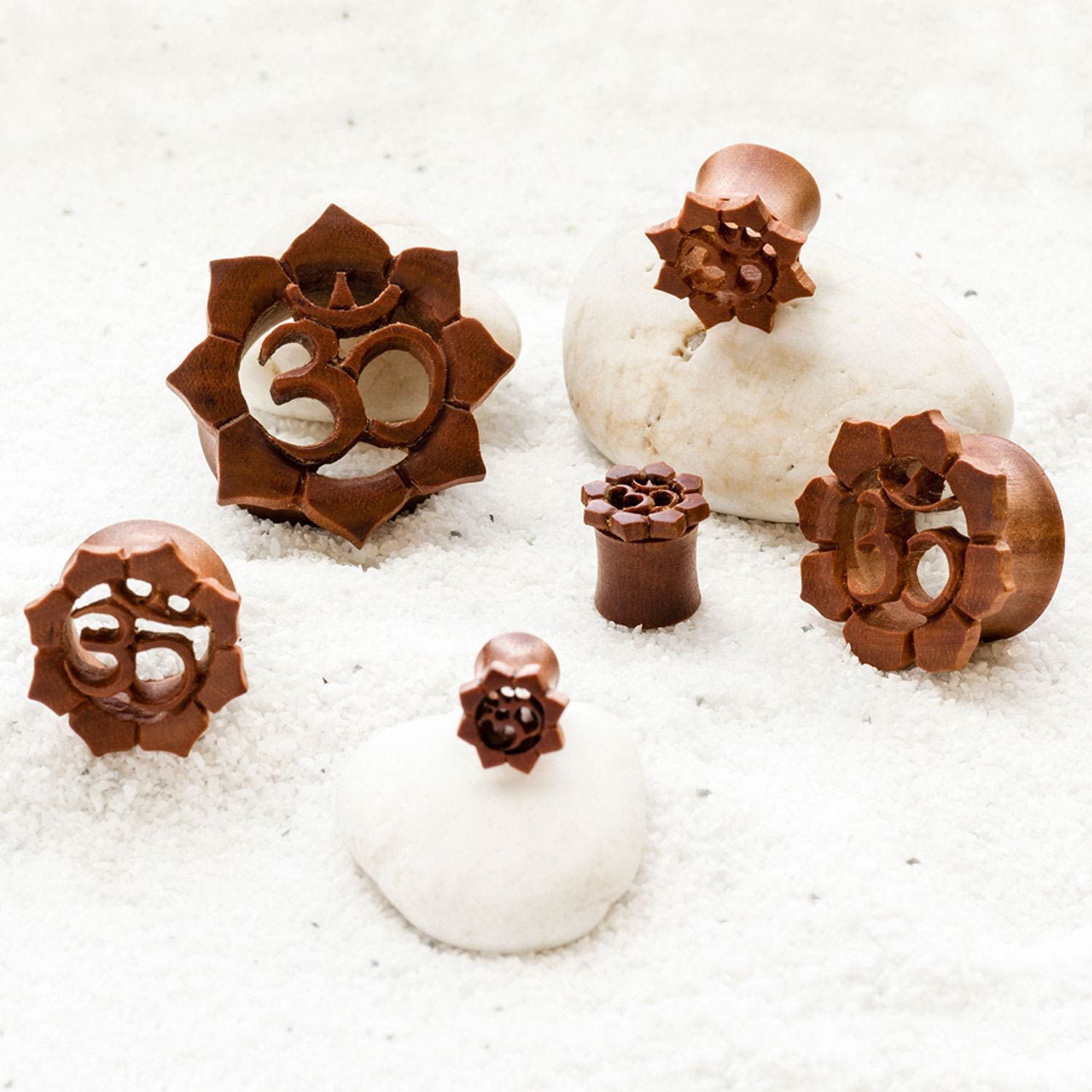 Saba Wood Double Flared Ear Gauge Plugs Carved Hibiscus Flower Front - 1 Pair