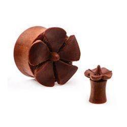 Saba Wood Double Flared Ear Gauge Plugs Carved Hibiscus Flower Front - 1 Pair