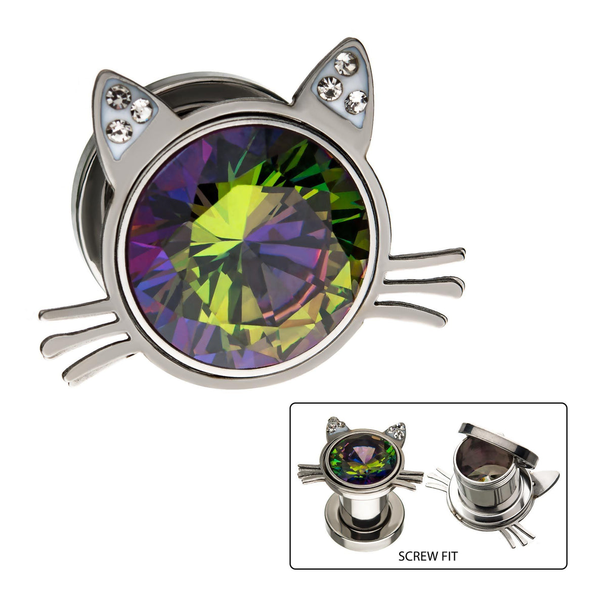 Plugs Earrings - Double Flare Screw Fit Cat Head with Vitrail Medium Gem Plugs sbvpsgm1w - 1 Pair -Rebel Bod-RebelBod