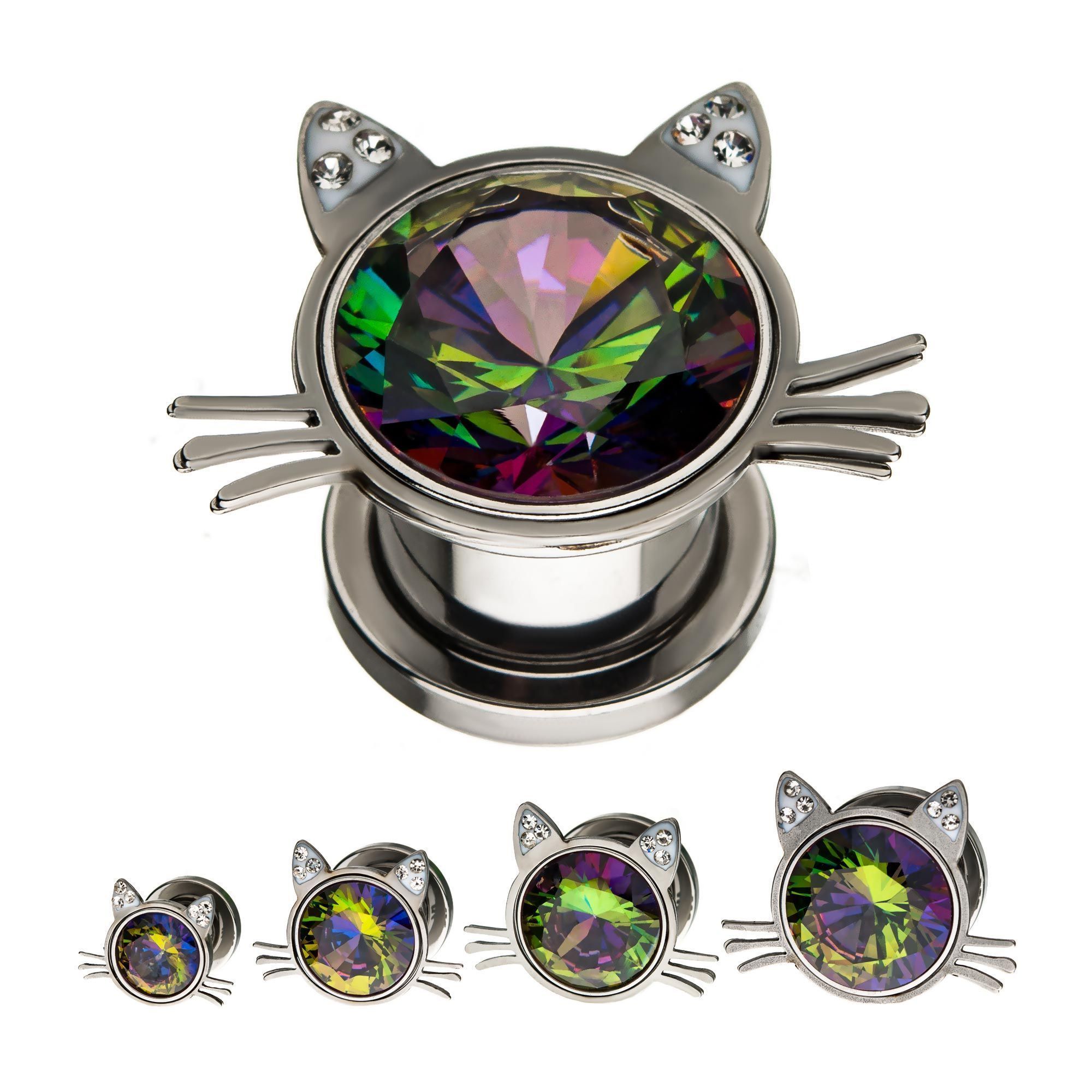 Plugs Earrings - Double Flare Screw Fit Cat Head with Vitrail Medium Gem Plugs sbvpsgm1w - 1 Pair -Rebel Bod-RebelBod