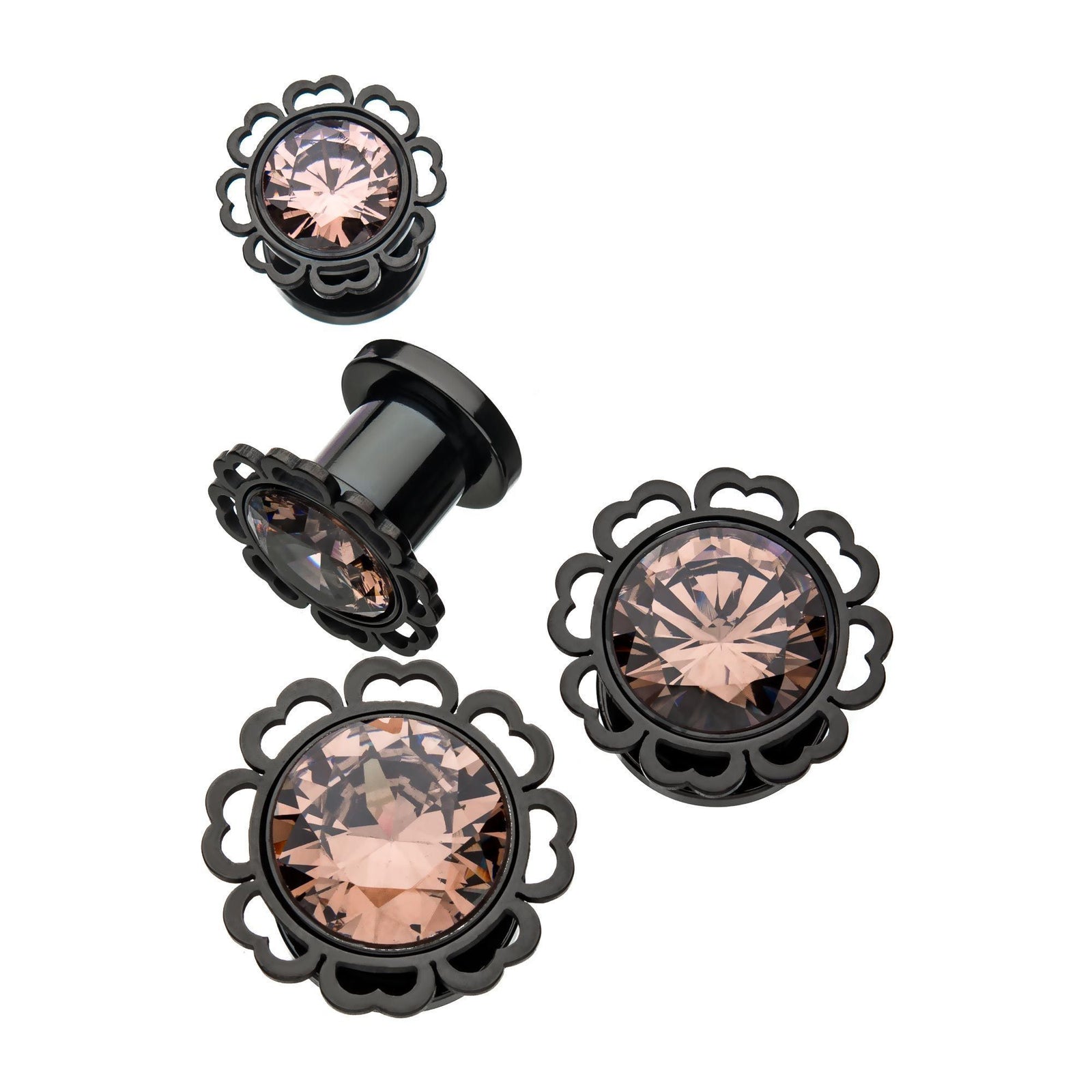 Plugs Earrings - Double Flare Screw Fit Half-Heart edged Plug with Amber Gem Plugs - 1 Pair sbvpsgm3kam -Rebel Bod-RebelBod