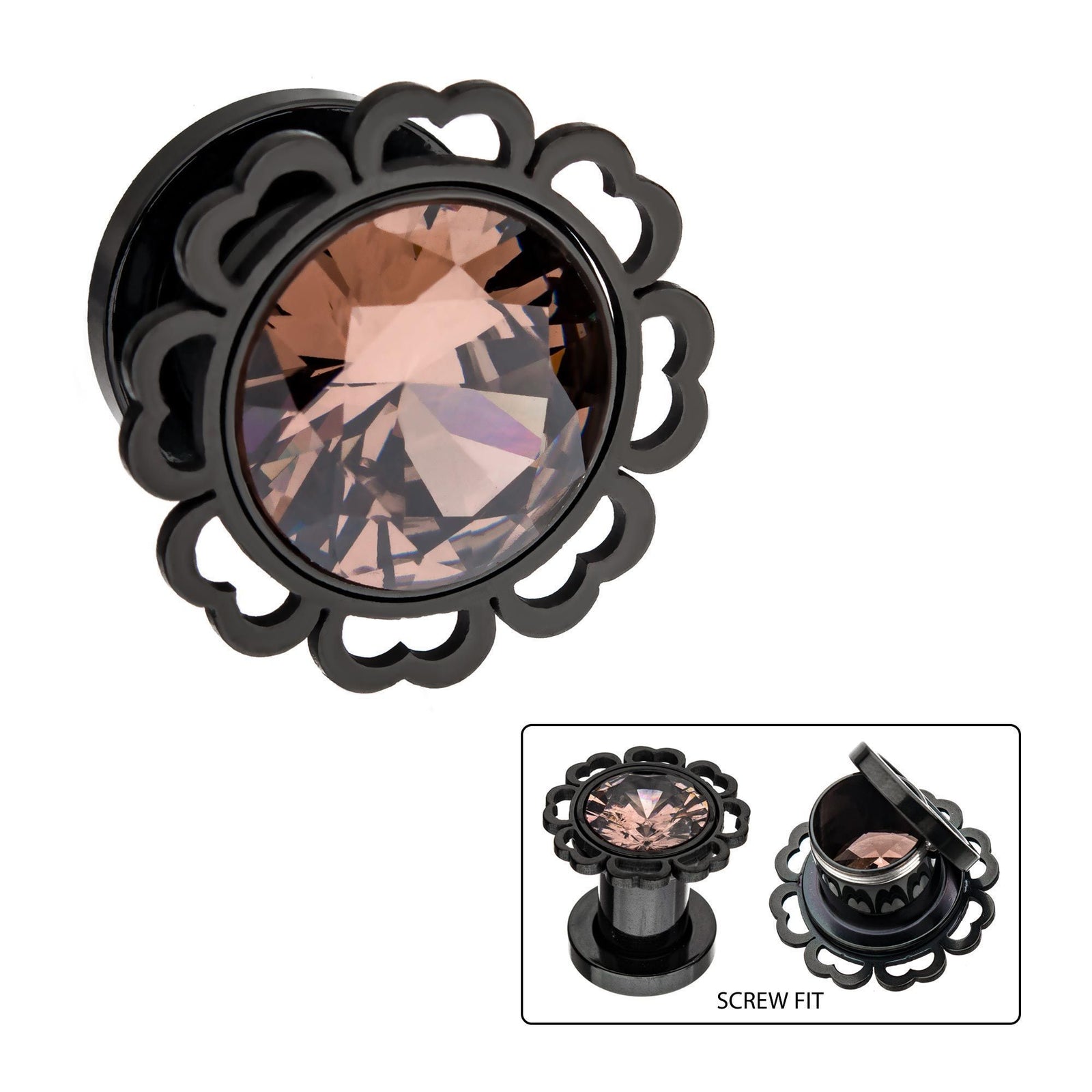 Plugs Earrings - Double Flare Screw Fit Half-Heart edged Plug with Amber Gem Plugs - 1 Pair sbvpsgm3kam -Rebel Bod-RebelBod
