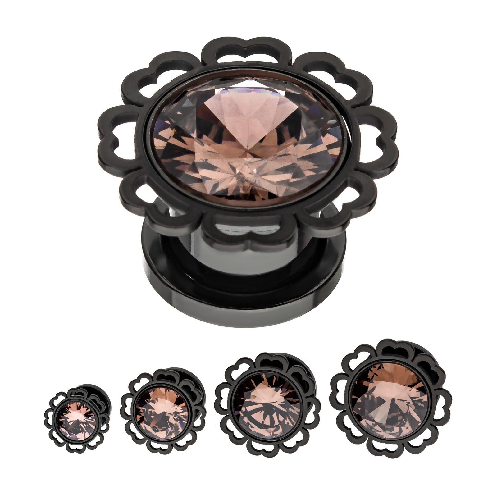 Plugs Earrings - Double Flare Screw Fit Half-Heart edged Plug with Amber Gem Plugs - 1 Pair sbvpsgm3kam -Rebel Bod-RebelBod