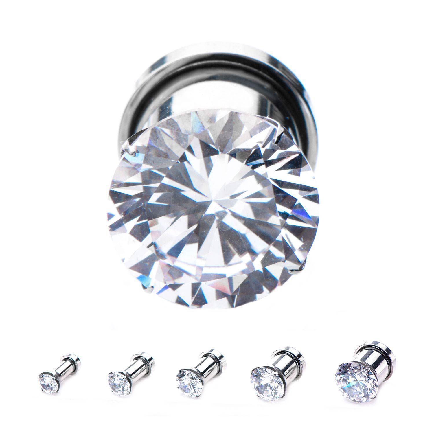 Plugs Earrings - Double Flare Screw Fit Prong Set Clear CZ Plugs sbvpssgemc - 1 Pair -Rebel Bod-RebelBod