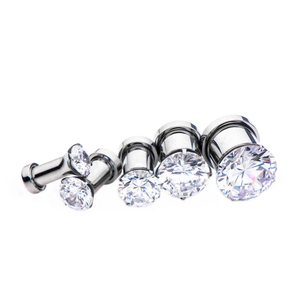 Plugs Earrings - Double Flare Screw Fit Prong Set Clear CZ Plugs sbvpssgemc - 1 Pair -Rebel Bod-RebelBod