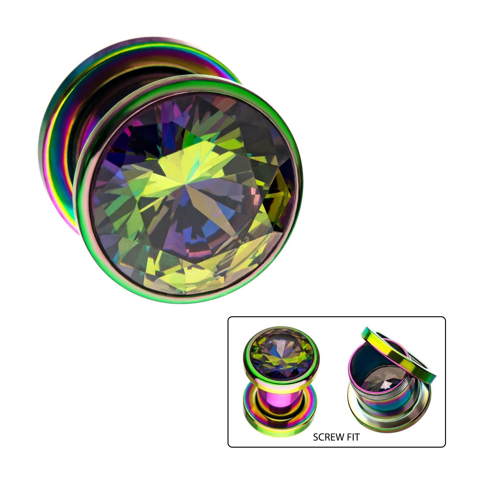 Screw Fit Rainbow Plated Vitrail Medium Gem Double Flared Ear Gauge Plugs - 1 Pair