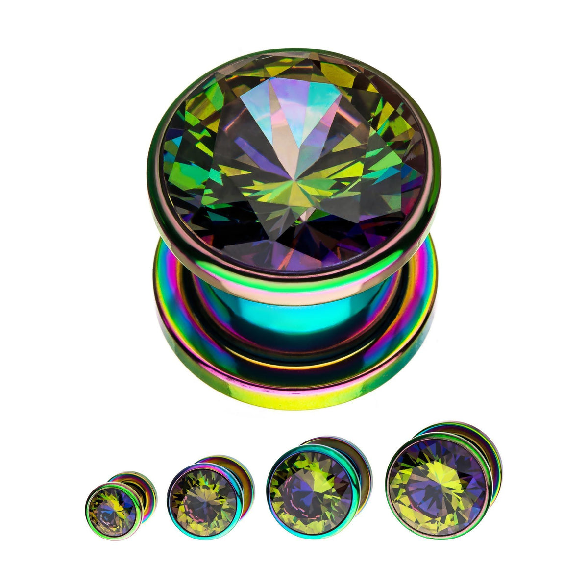 Screw Fit Rainbow Plated Vitrail Medium Gem Double Flared Ear Gauge Plugs - 1 Pair