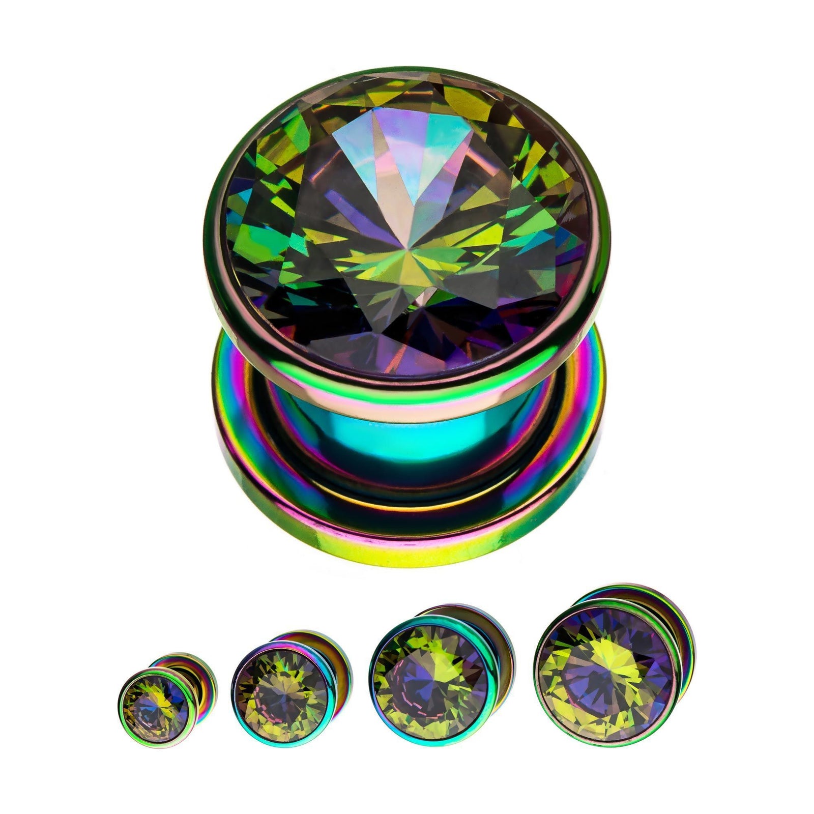 Screw Fit Rainbow Plated Vitrail Medium Gem Double Flared Ear Gauge Plugs - 1 Pair