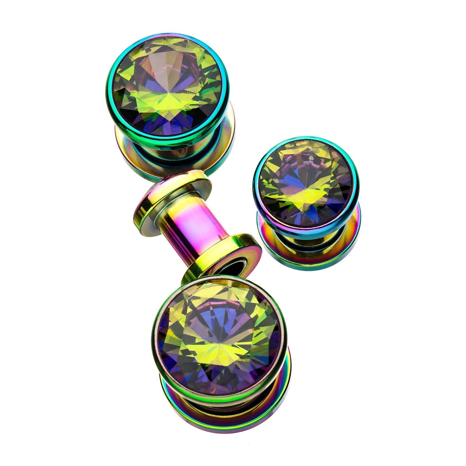 Screw Fit Rainbow Plated Vitrail Medium Gem Double Flared Ear Gauge Plugs - 1 Pair