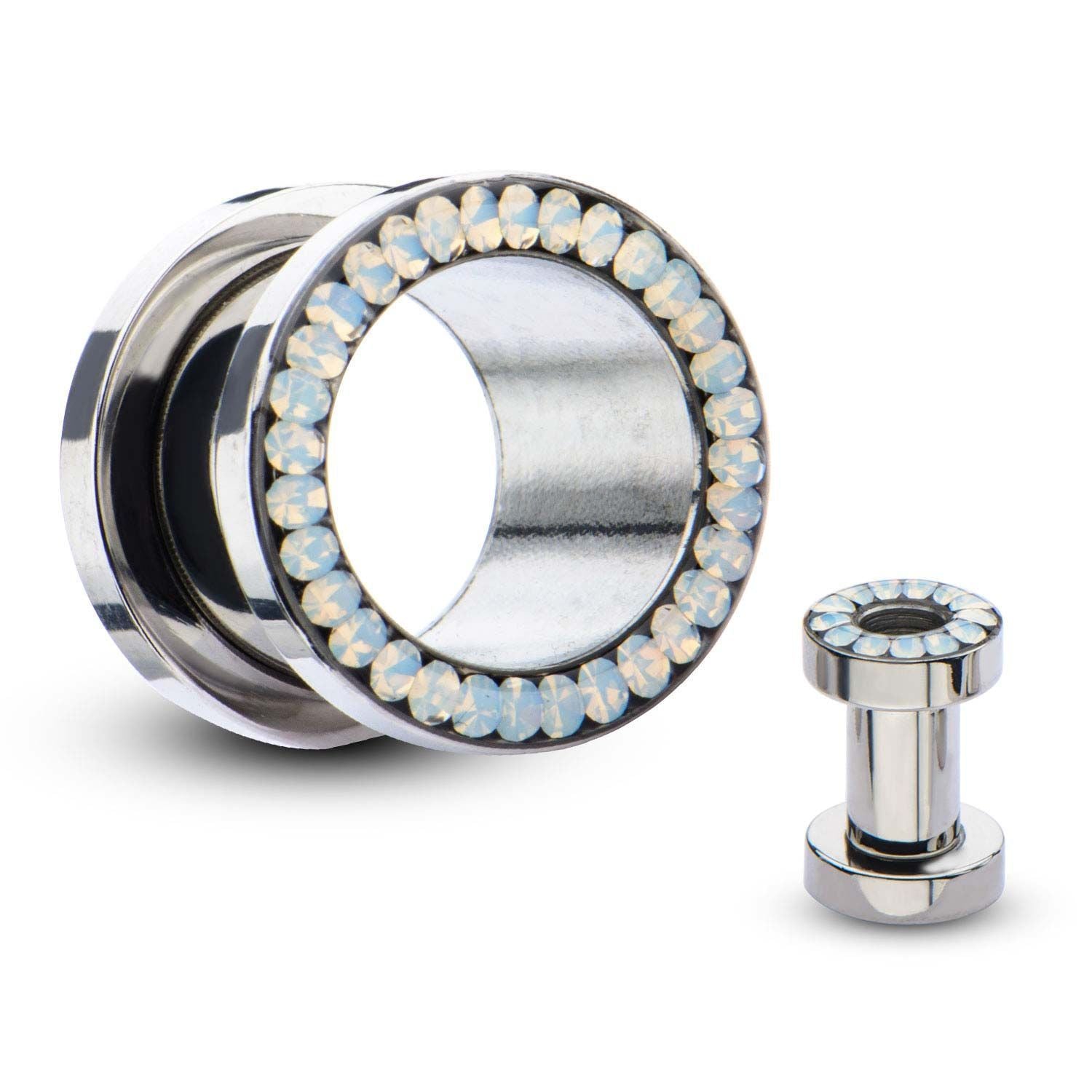 Screw Fit White Opalite Gem Double Flared Ear Gauge Tunnel Plugs - 1 Pair
