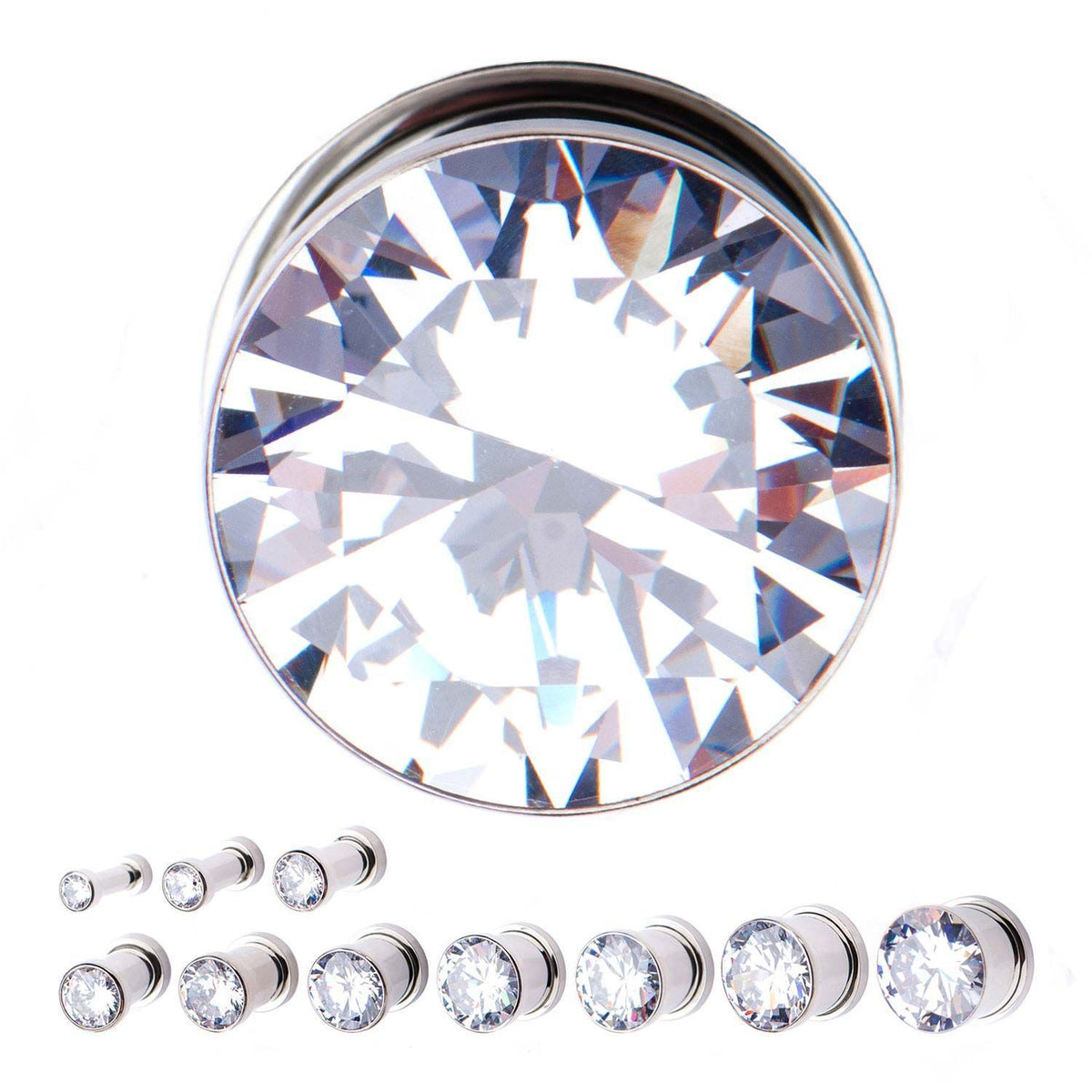 Screw Fit Clear CZ in Front Double Flared Ear Gauge Plugs - 1 Pair