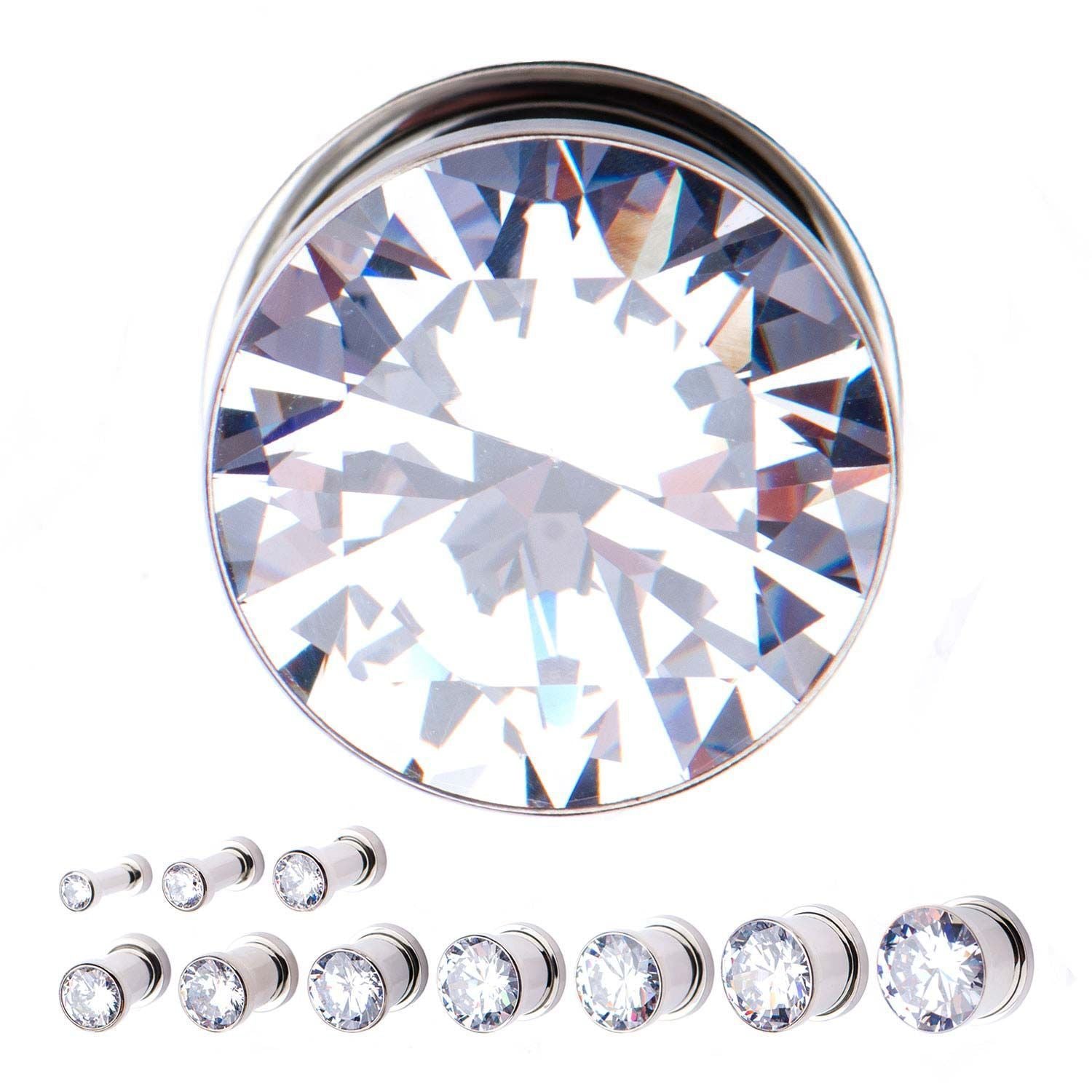 Screw Fit Clear CZ in Front Double Flared Ear Gauge Plugs - 1 Pair