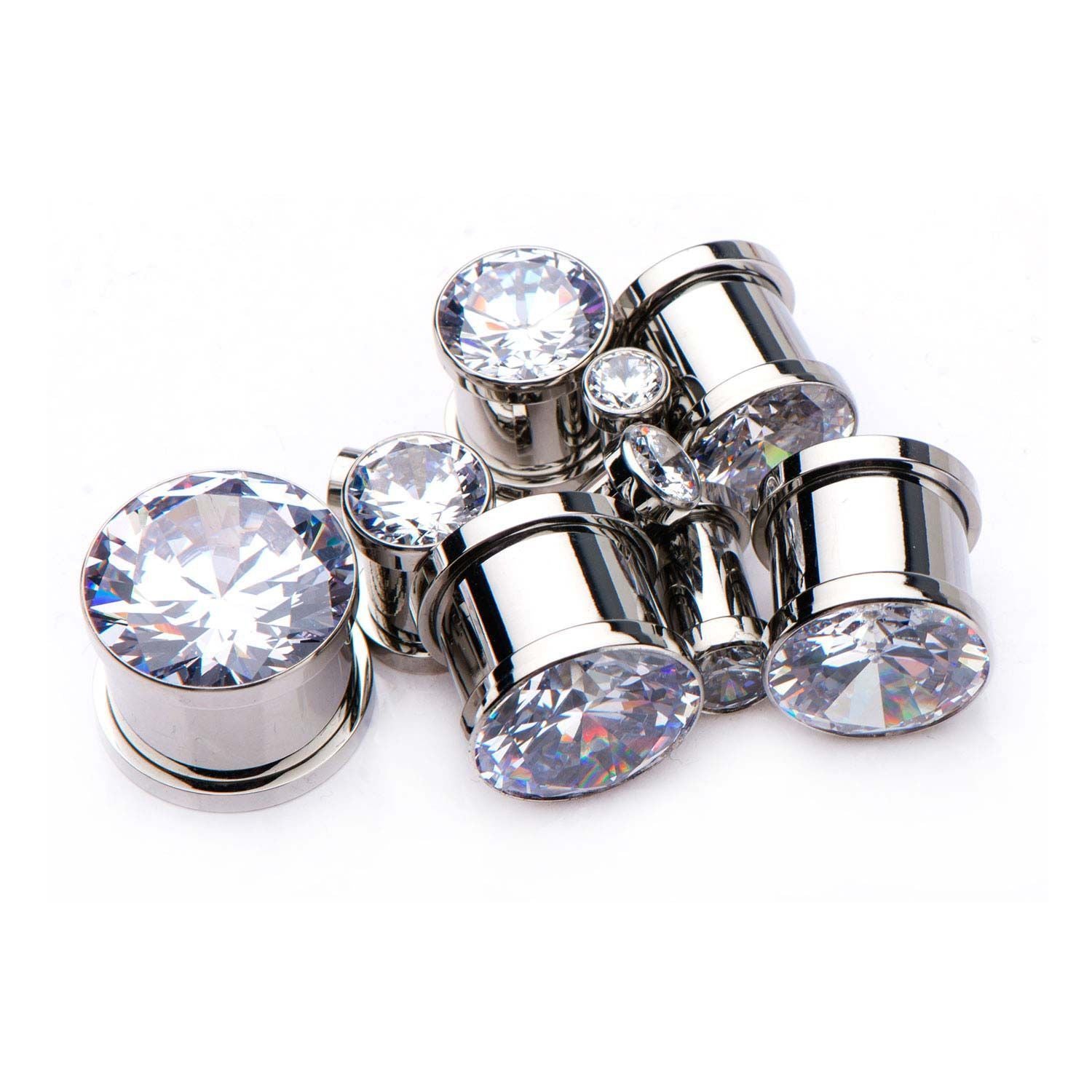 Screw Fit Clear CZ in Front Double Flared Ear Gauge Plugs - 1 Pair