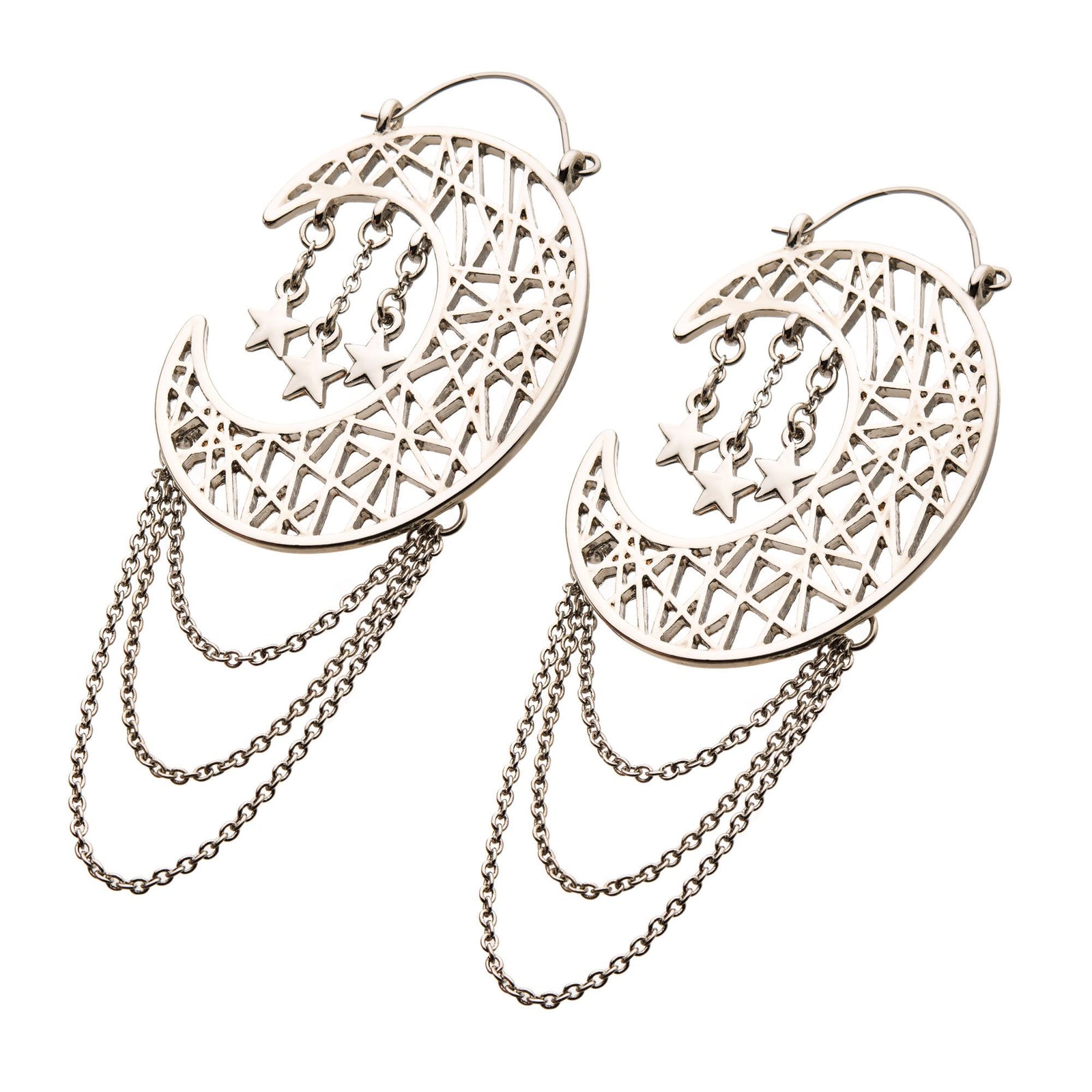 Tapers - Hanging Shiny Finish Steel Cut Out Moon Stars Plug Hoops -Rebel Bod-RebelBod